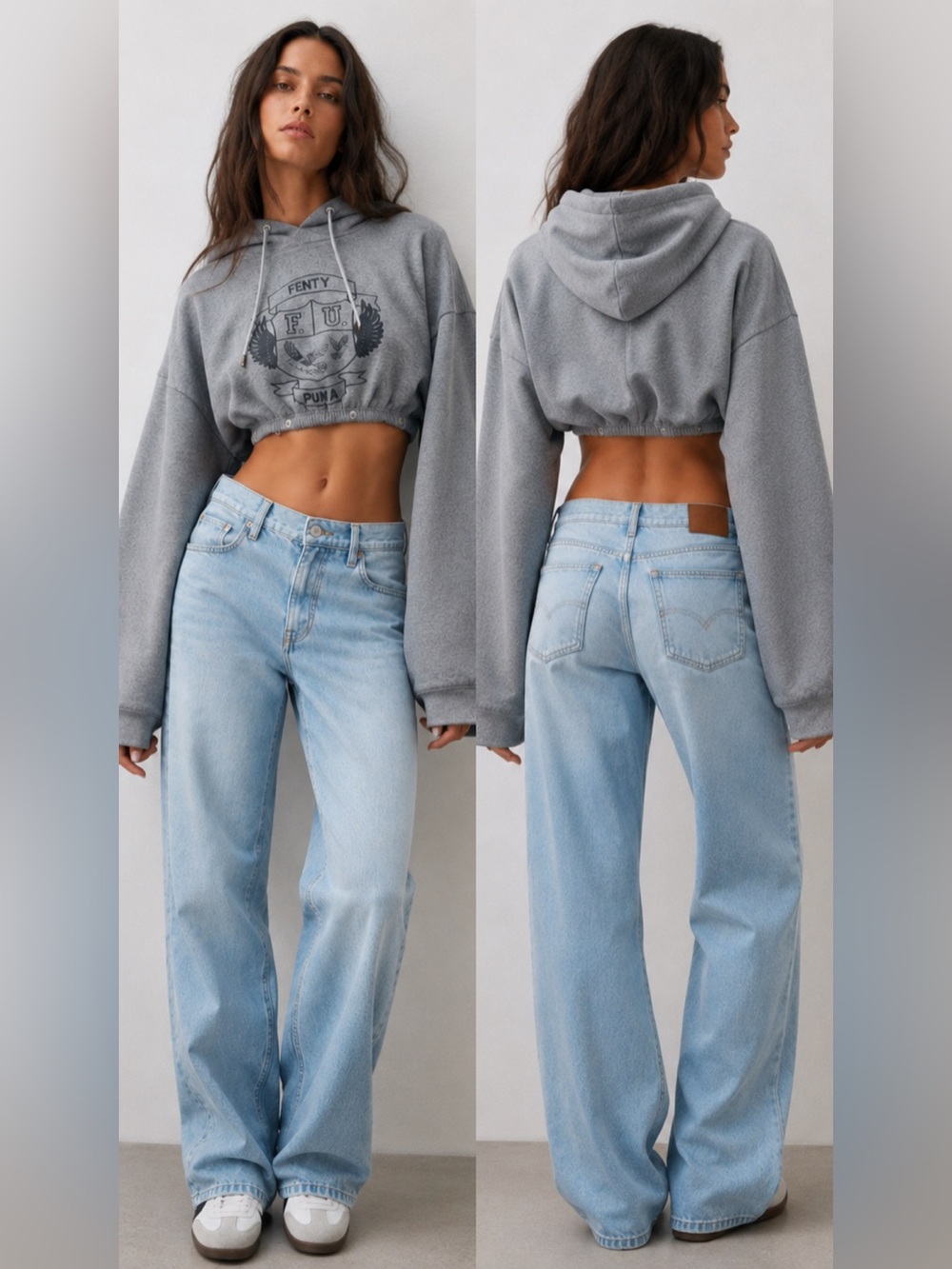 Mimi Hadid Gray Cropped Hoodie. Extra long and wide sleeves